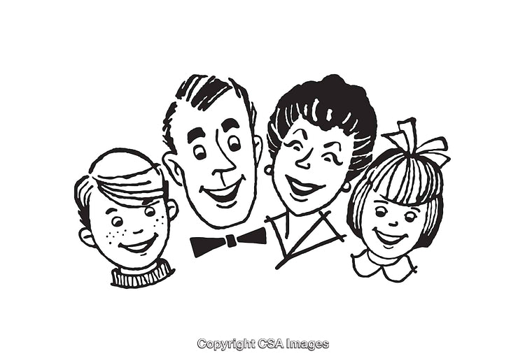 Black and White Line Art Illustration of a Smiling Happy Family Portrait
