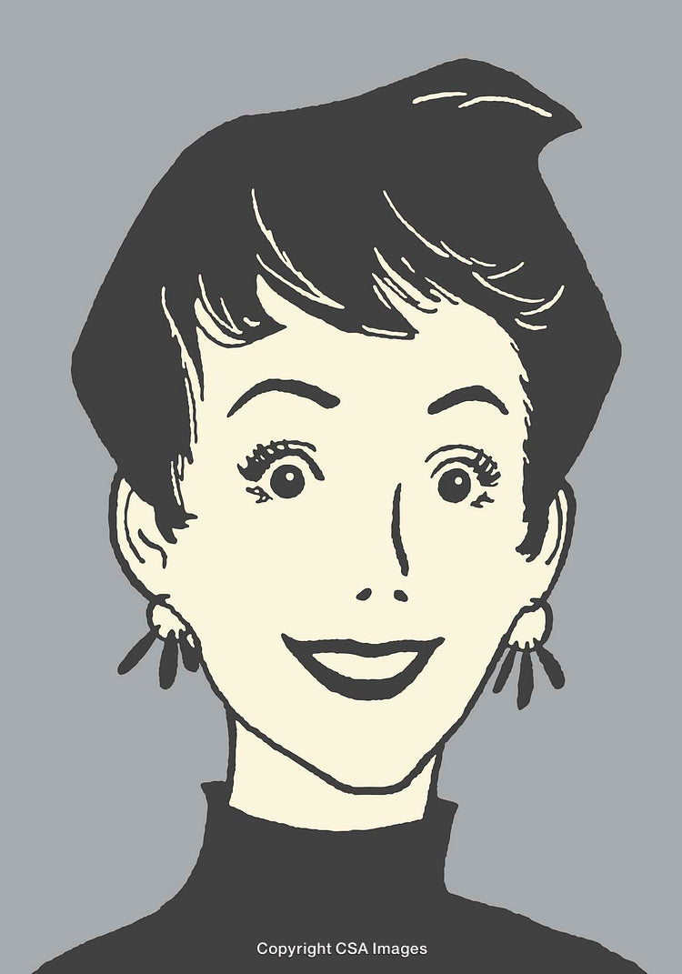 Retro Style Line Art Portrait of Smiling Woman with Earrings