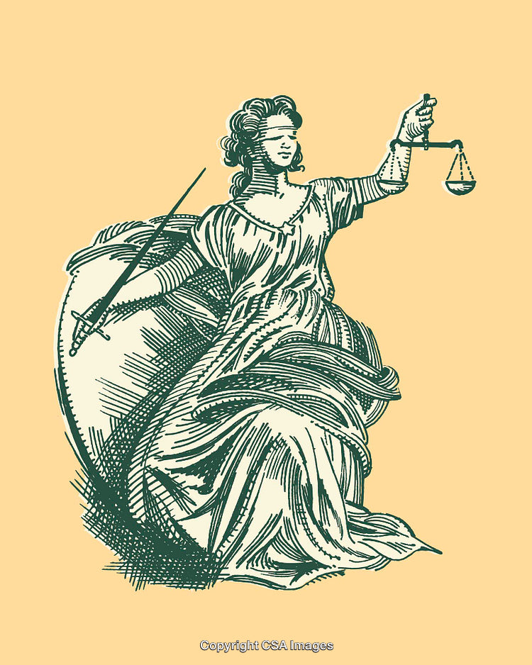 Lady Justice Line Art Illustration with Sword and Scales on Beige Background
