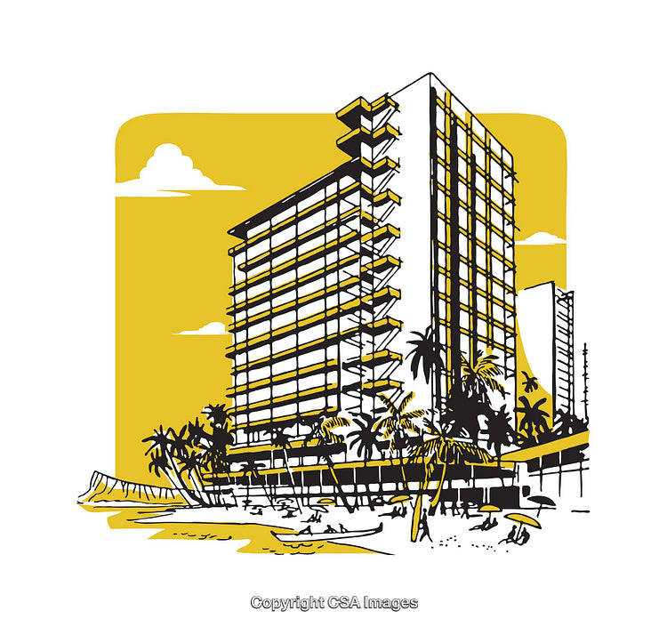 Modern Hotel Building Illustration with Beachfront Palm Trees and Yellow Sky