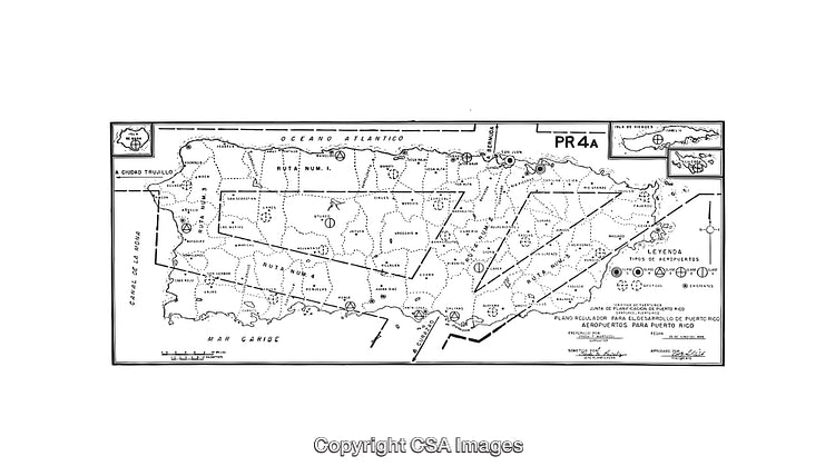 Vintage Black and White Map of Puerto Rico Airport Infrastructure