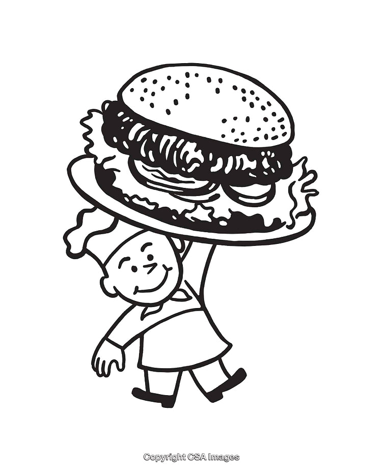Charming Chef Lifting a Large Burger in Black and White Illustration