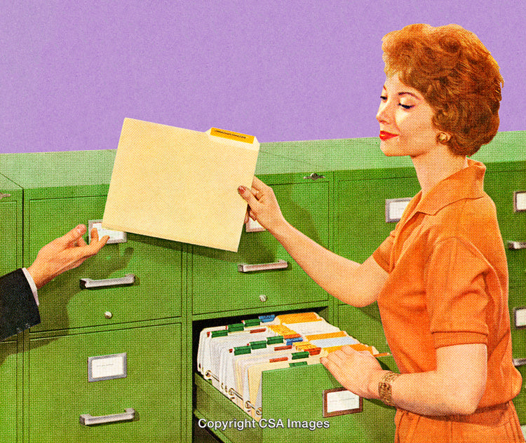 Retro Illustration of Office Worker Filing Documents in Green Cabinets