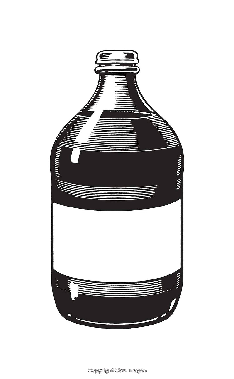 Black and White Line Art Illustration of a Bottle with Blank Label