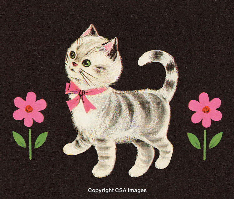 Adorable Kitten Illustration with Flowers and Bow on Dark Background