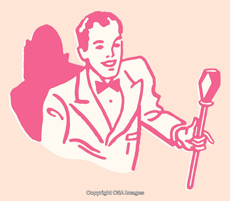 Retro Illustration of a Smiling Man Holding a Scepter in Pink Tones