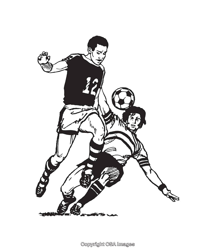 Black and White Line Art of Soccer Action Scene with Two Players