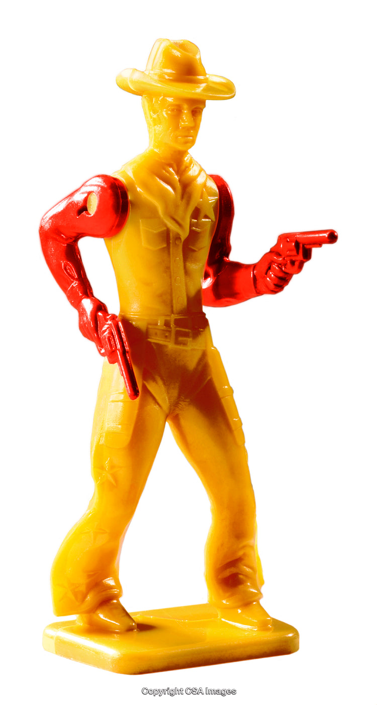 Colorful Plastic Cowboy Figure Holding Dual Pistols from Vintage Toy Collection