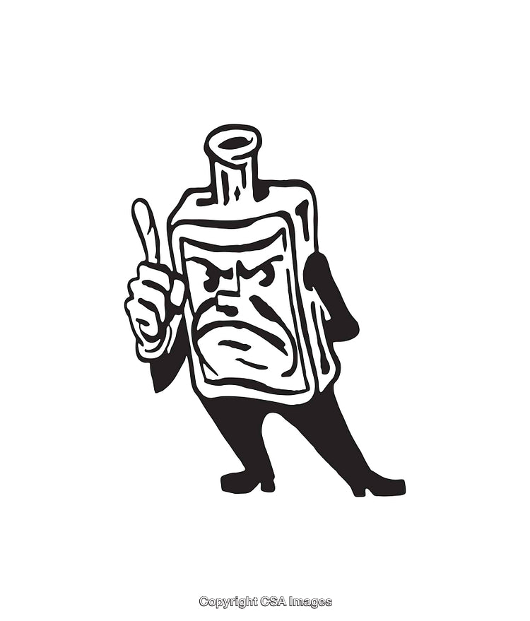Black And White Illustration Of A Serious Anthropomorphic Bottle Character
