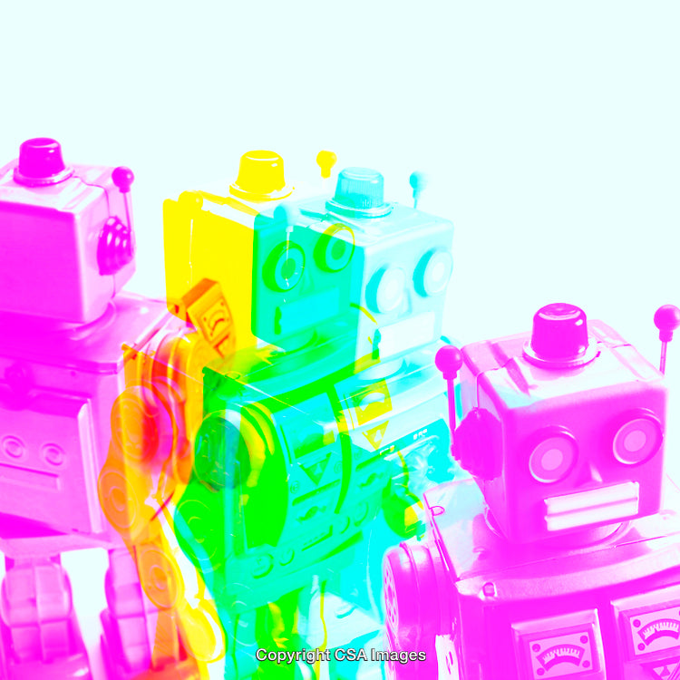Vibrant Retro Robot Toys Displayed in a Colorful Artistic Style