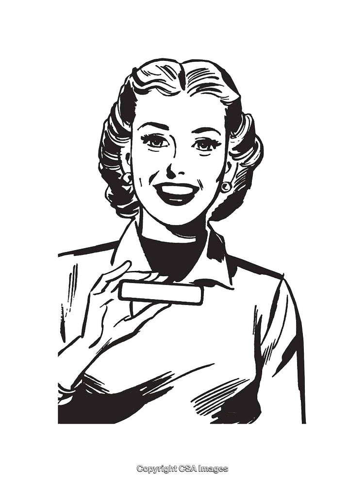 Vintage Black and White Line Art of a Smiling Woman Holding an Object