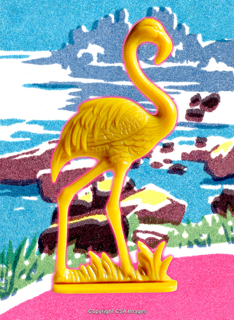 Yellow Plastic Flamingo With a Vibrant Artistic Background