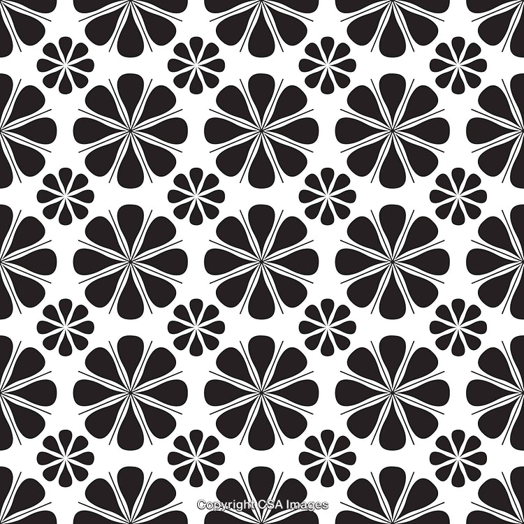 Seamless Black and White Floral Pattern With Retro Design Elements