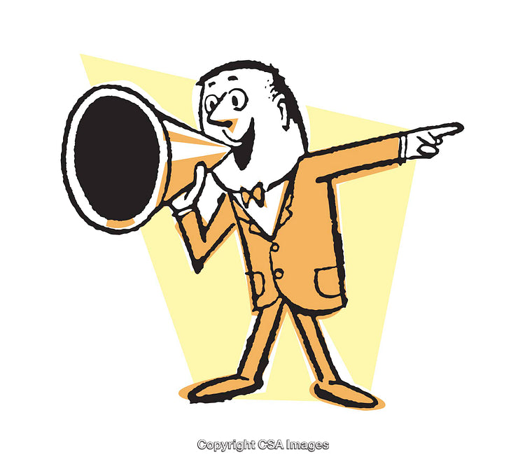 Colorful Cartoon Announcer Using a Megaphone for Public Announcements