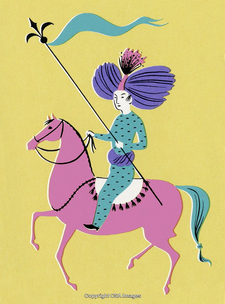Whimsical Illustration of a Rider on a Decorated Horse with Vibrant Colors
