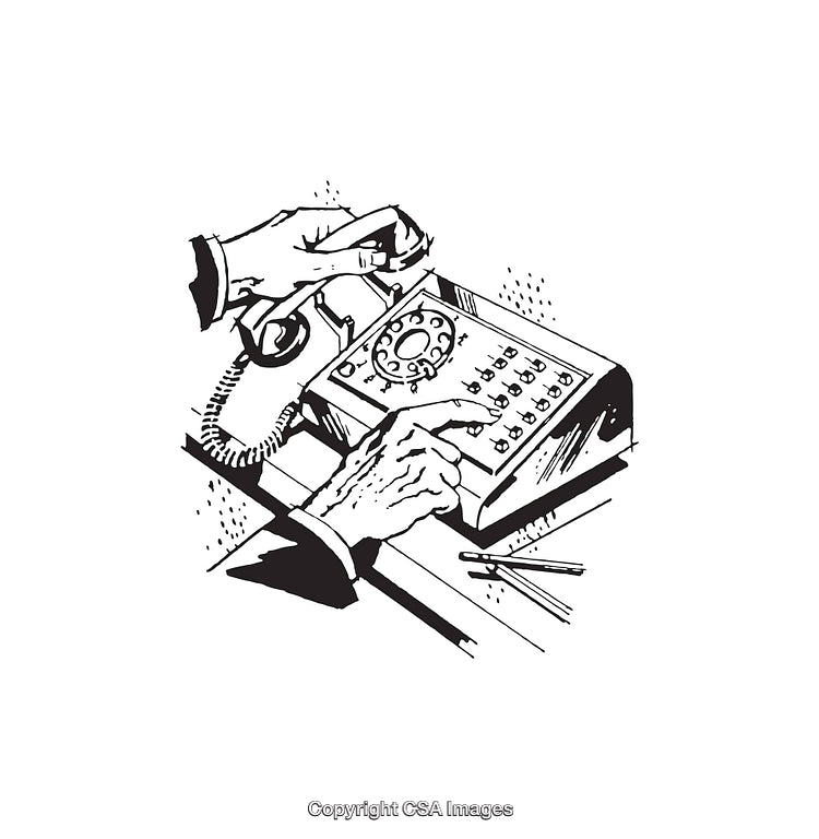 Vintage Black and White Illustration of Rotary Phone Usage