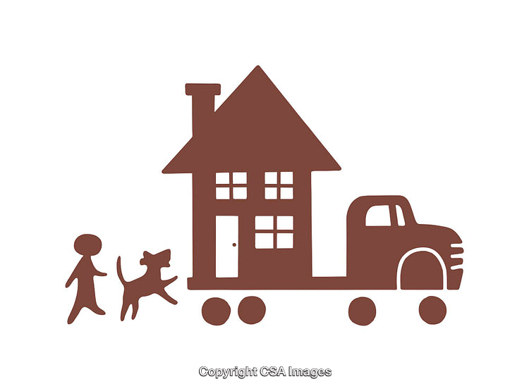 Illustration of a House on Wheels with Pet and Owner