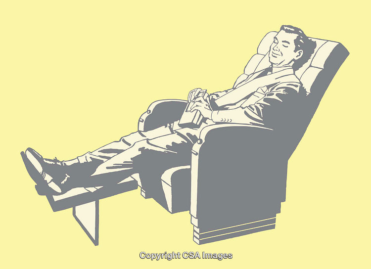 Relaxed Businessman Reclining in Comfortable Chair on Yellow Background