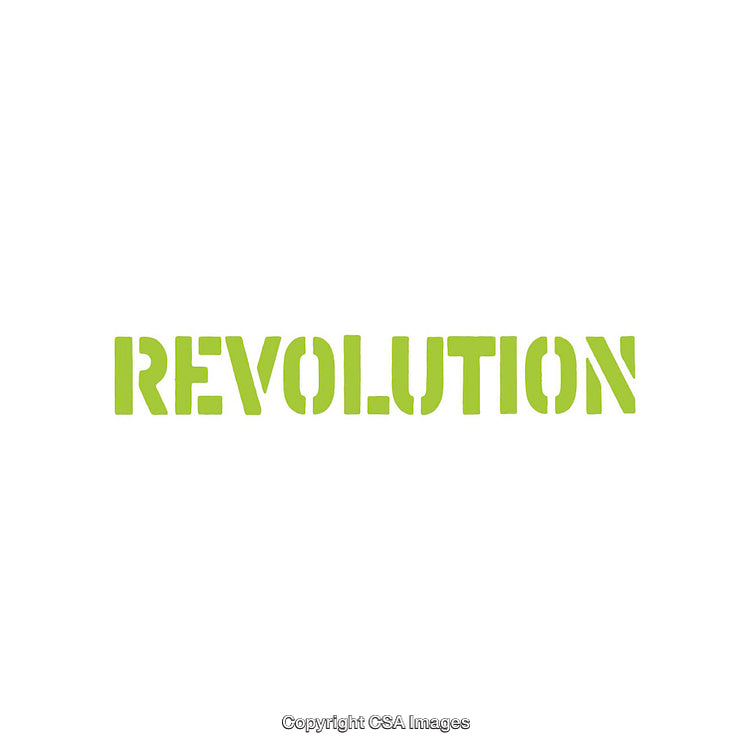 Bold Green Stencil Text Illustration of the Word 'Revolution' on White Background