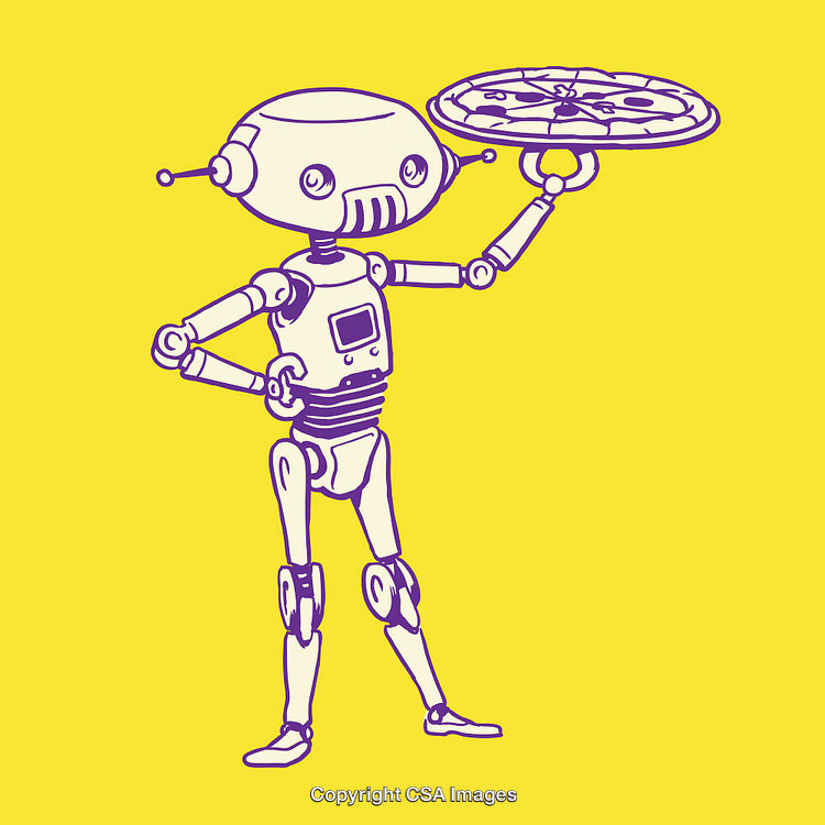 Robot Holding a Pizza Illustration on a Yellow Background