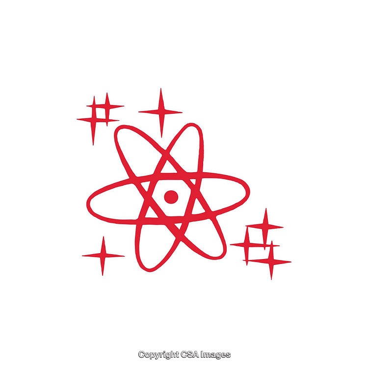 Red Atomic Icon With Decorative Stars on a White Background