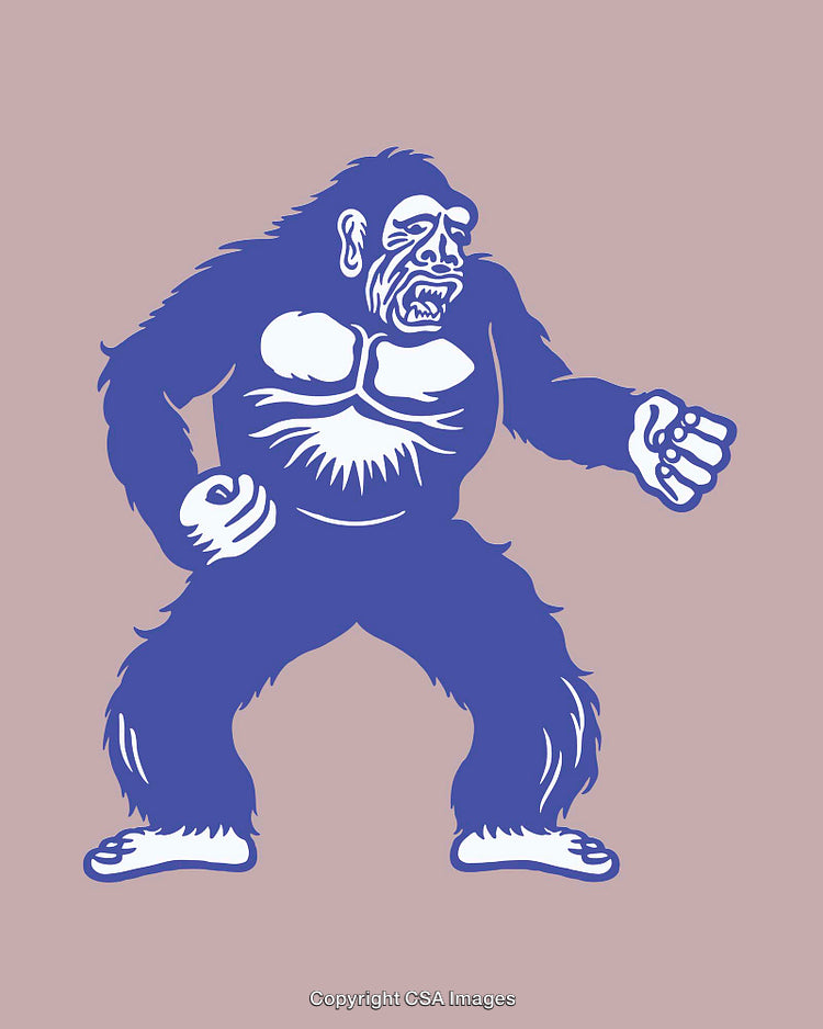 Colorful Line Art of a Creature with Raised Arms in Action Pose