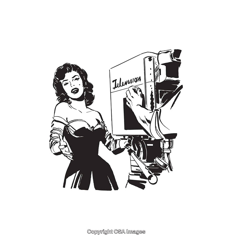 Elegant Woman with Vintage Television Camera Character Illustration