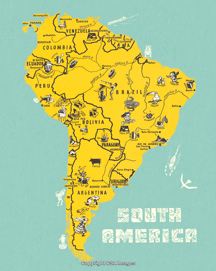 Colorful Illustrated Map of South America With Country Names and Landmarks