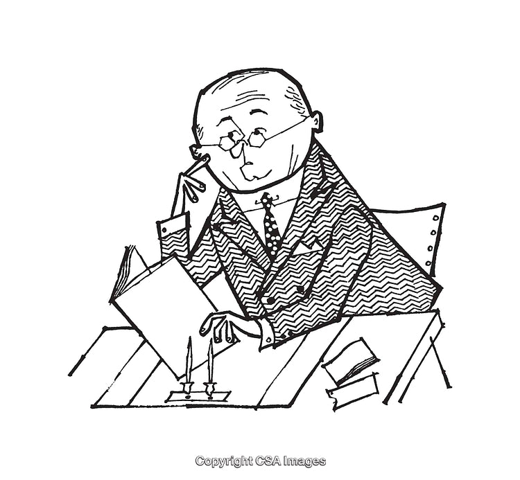Black and White Line Art of a Man Reading a Document at a Desk