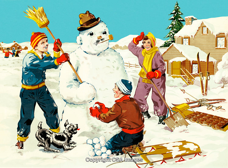 Group of Friends Building a Snowman in a Festive Winter Landscape