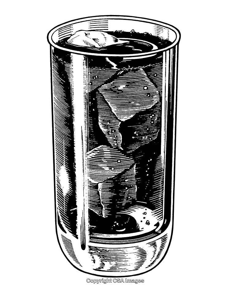 Black and White Engraving of a Cola Glass with Ice Cubes
