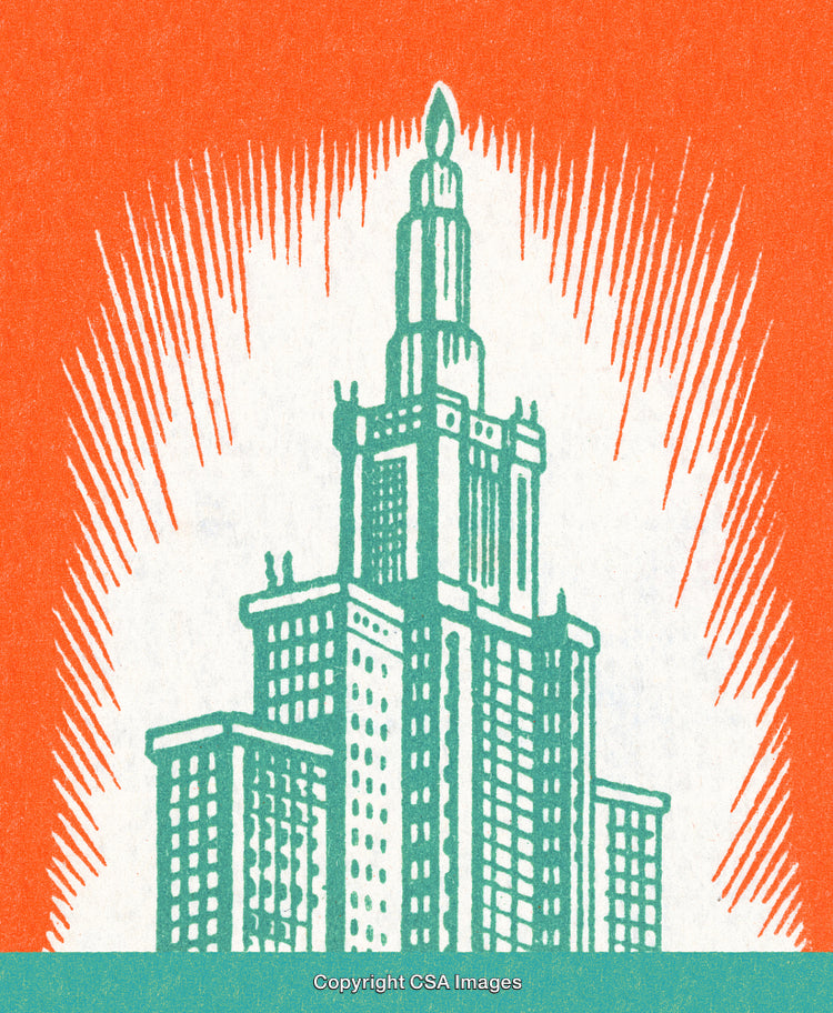 Illustration of a Towering Building With Artistic Radiating Lines and Bold Colors