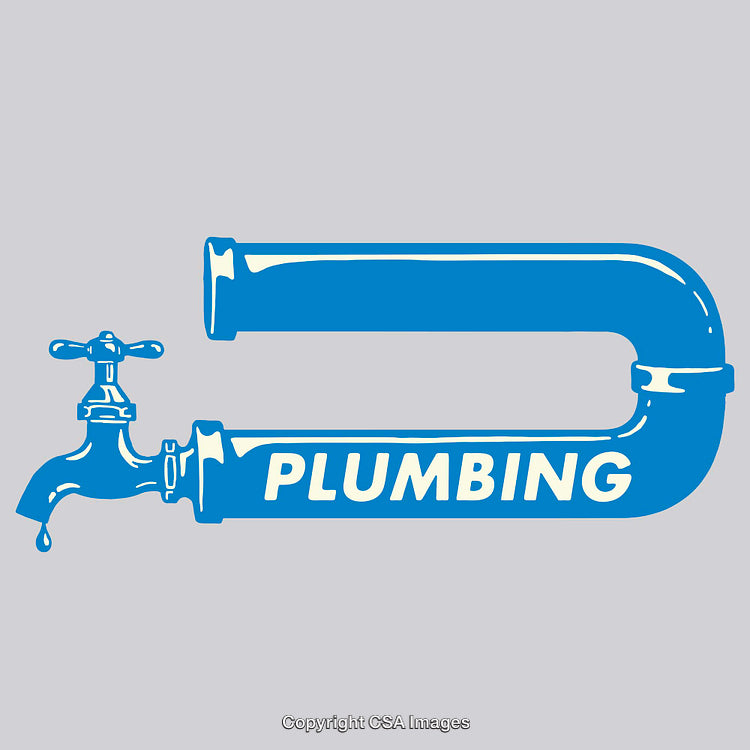Plumbing Icon with Blue Tap and Pipe Artwork on Gray Background