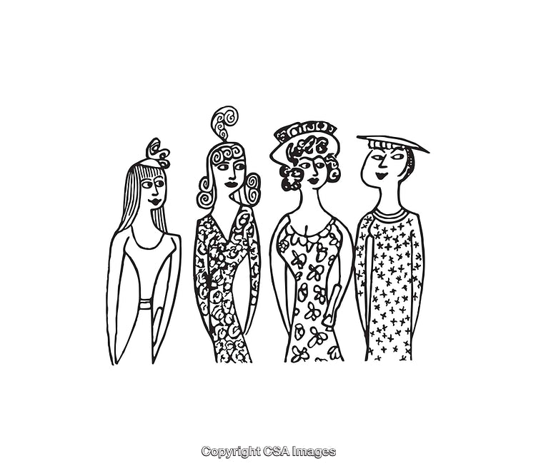 Stylized Black and White Line Art Depicting Four Elegant Characters
