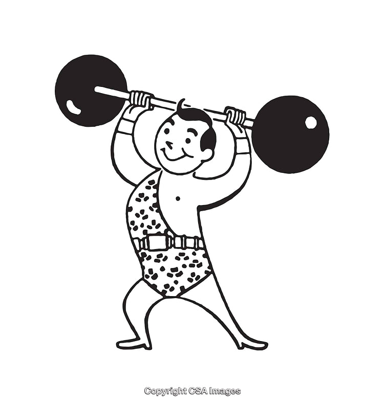 Vintage Line Art Style Cartoon Strongman Lifting Weights in Leopard Print Outfit