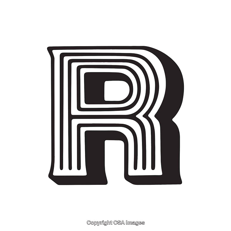 Stylized Black and White Letter R with Line Art Design