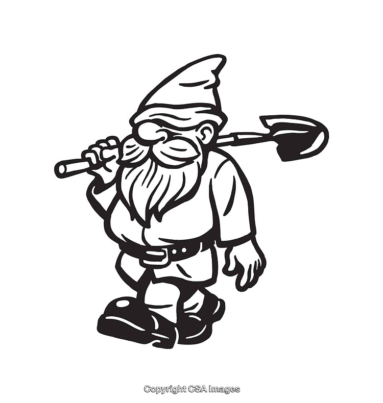 Black and White Line Drawing of a Garden Gnome Carrying a Shovel