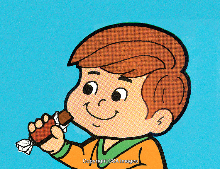 Cartoon Boy Enjoying a Chocolate Bar Against a Blue Background