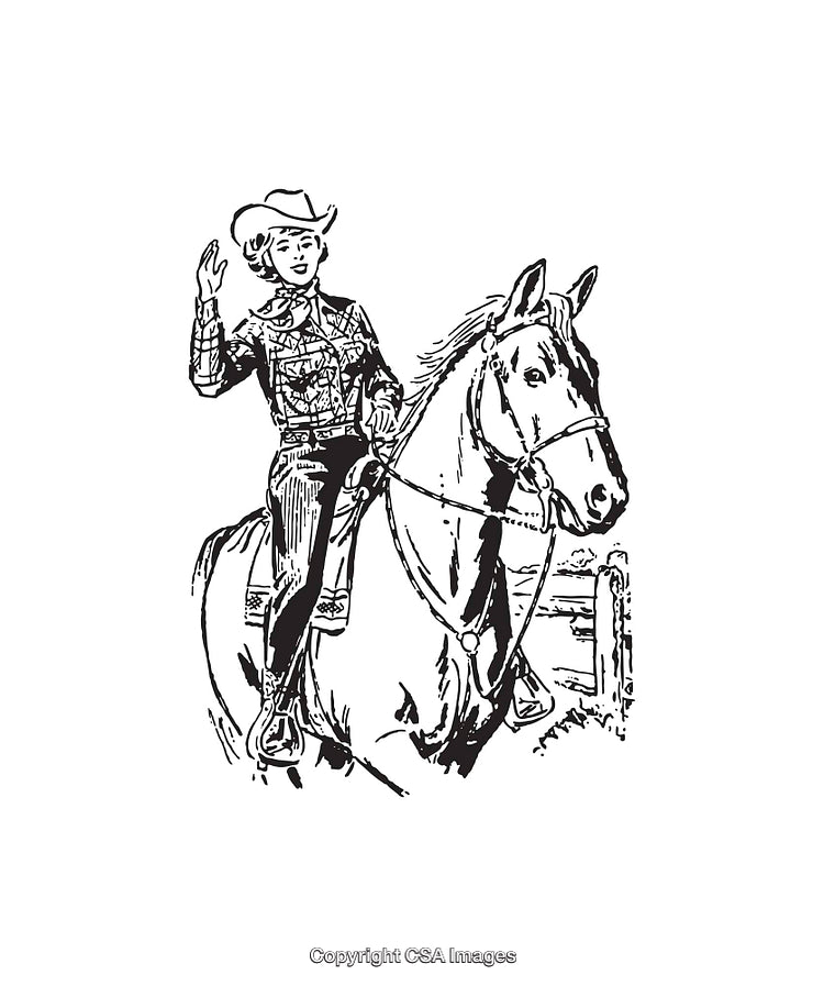 Black and White Line Art of Cowgirl Riding a Horse in Western Setting
