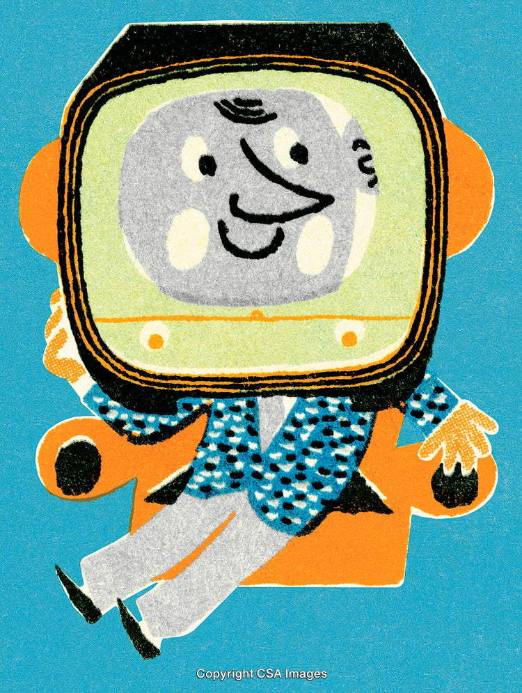 Retro Illustration of a Television Head Character Sitting on an Orange Chair