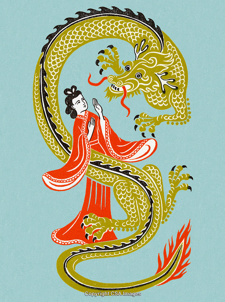 Traditional Illustration of a Woman and Dragon in Intricate Oriental Style