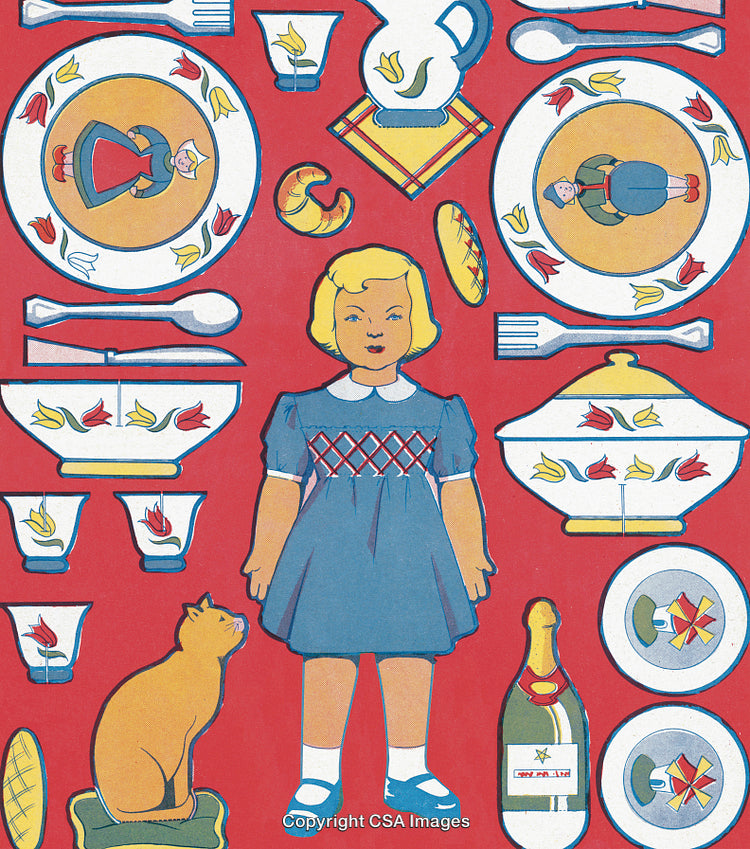 Vintage Illustration of a Doll, Cat, and Decorative Tableware Items