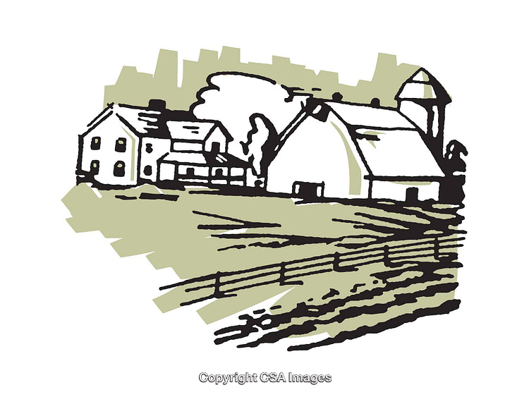 Rustic Farmhouse Illustration Depicting Countryside Scenery in Black and Green