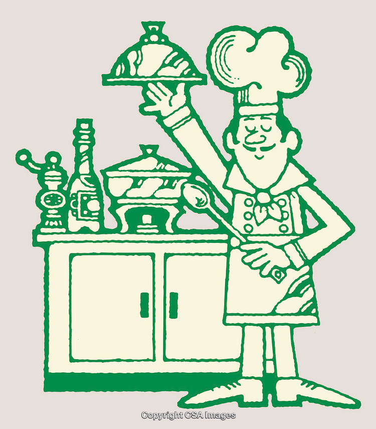 Line Art of a Chef Presenting a Dish with Kitchen Background