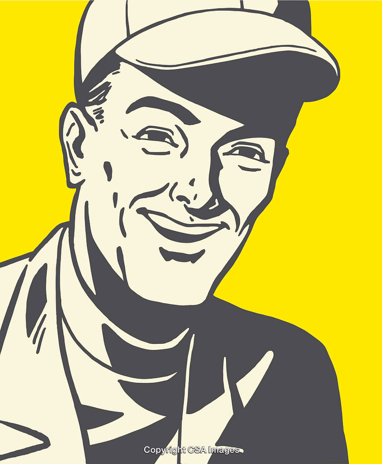 Vintage Style Line Art Illustration of a Smiling Individual on Yellow Background
