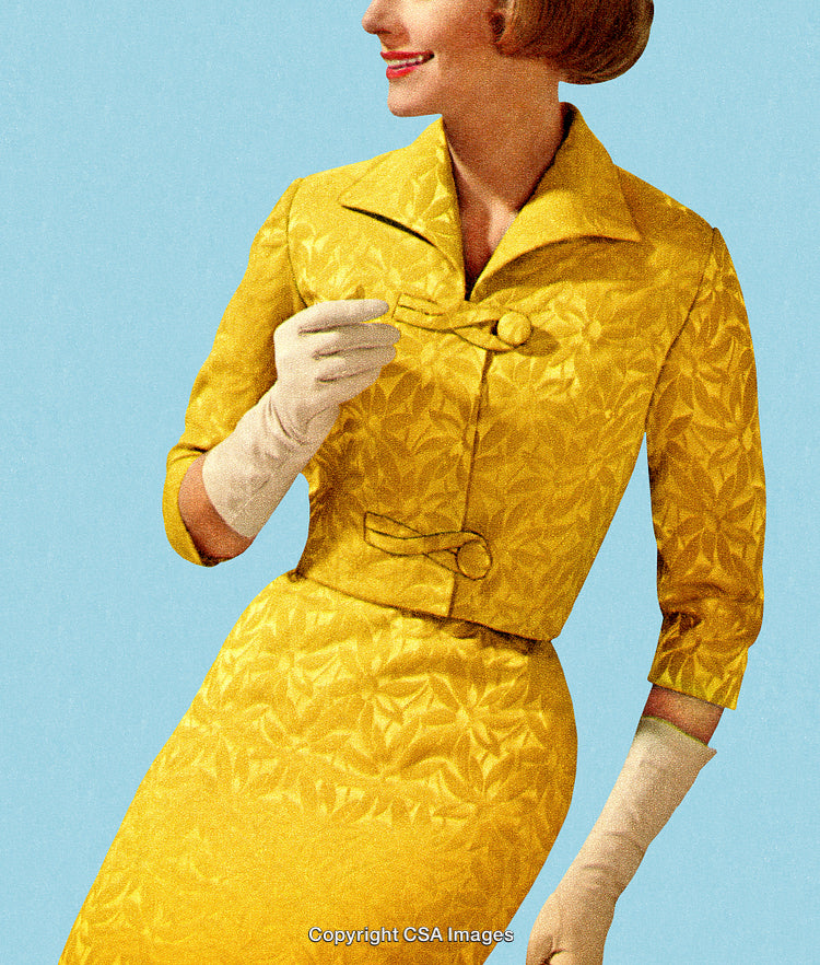 Vintage Styled Portrait of a Woman in Yellow Dress and Gloves