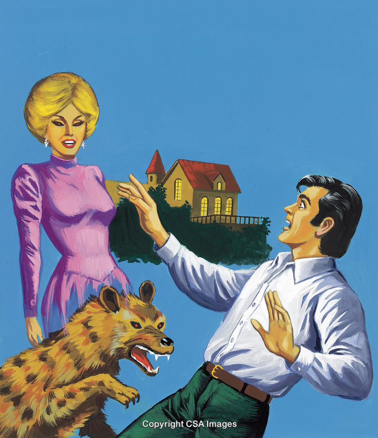 Retro Illustration With Hyena, Man, Woman, and Scenic Background