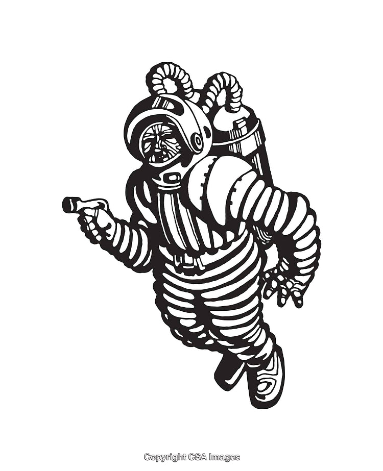 Retro Deep-Sea Diver Illustration in Black and White Line Art