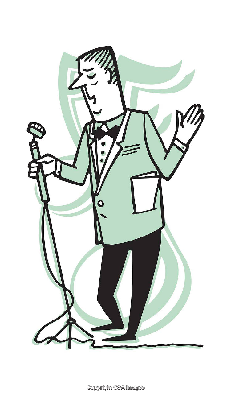 Retro Illustration of a Singer Performing with Vintage Microphone