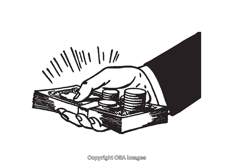 Hand Holding Currency and Coins Depicted in Stylish Line Art
